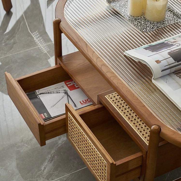 Japanese Glass Wood Rattan Oval 2-Tier 2-Drawer Coffee Table