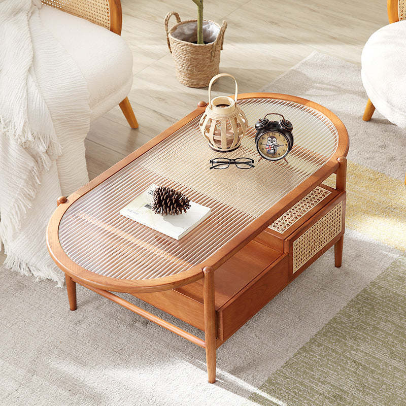 Japanese Glass Wood Rattan Oval 2-Tier 2-Drawer Coffee Table — Walnut Color