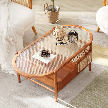 Japanese Glass Wood Rattan Oval 2-Tier 2-Drawer Coffee Table — Walnut Color