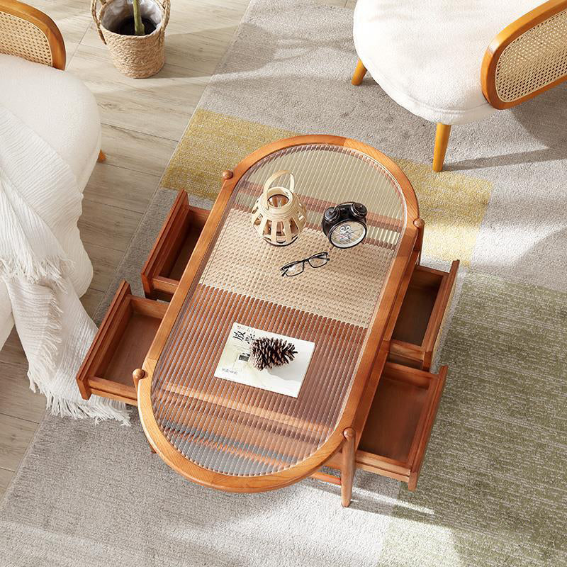 Japanese Glass Wood Rattan Oval 2-Tier 2-Drawer Coffee Table