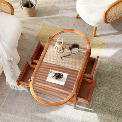 Japanese Glass Wood Rattan Oval 2-Tier 2-Drawer Coffee Table