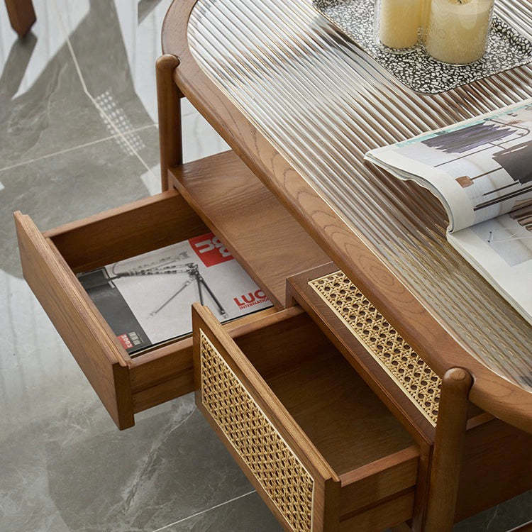 Japanese Glass Wood Rattan Oval 2-Tier 2-Drawer Coffee Table