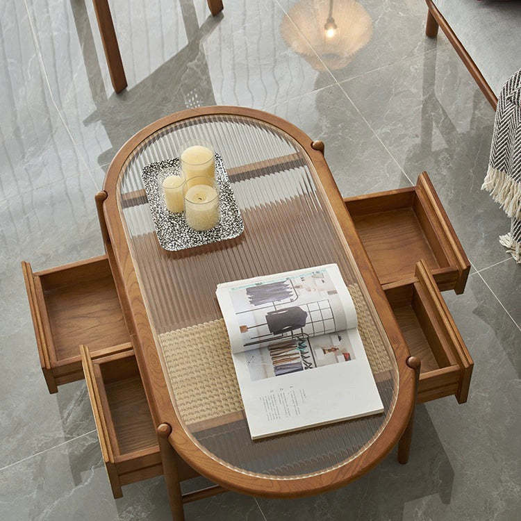 Japanese Glass Wood Rattan Oval 2-Tier 2-Drawer Coffee Table