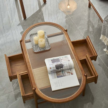 Japanese Glass Wood Rattan Oval 2-Tier 2-Drawer Coffee Table