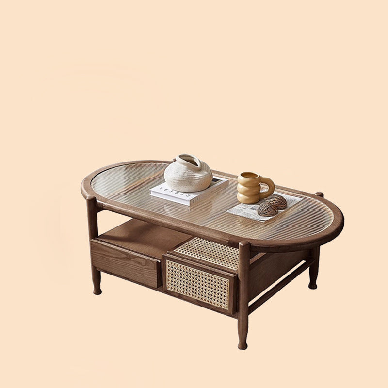Japanese Glass Wood Rattan Oval 2-Tier 2-Drawer Coffee Table