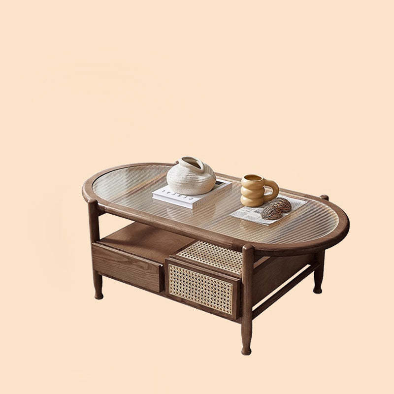 Japanese Glass Wood Rattan Oval 2-Tier 2-Drawer Coffee Table