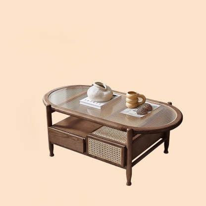 Japanese Glass Wood Rattan Oval 2-Tier 2-Drawer Coffee Table