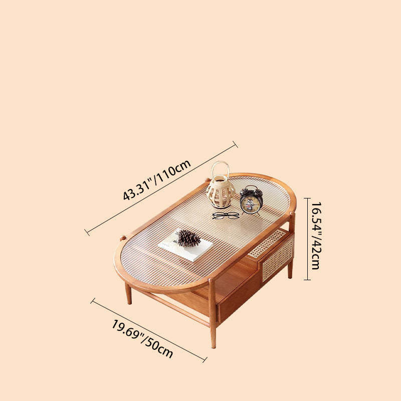 Japanese Glass Wood Rattan Oval 2-Tier 2-Drawer Coffee Table