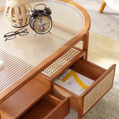 Japanese Glass Wood Rattan Oval 2-Tier 2-Drawer Coffee Table