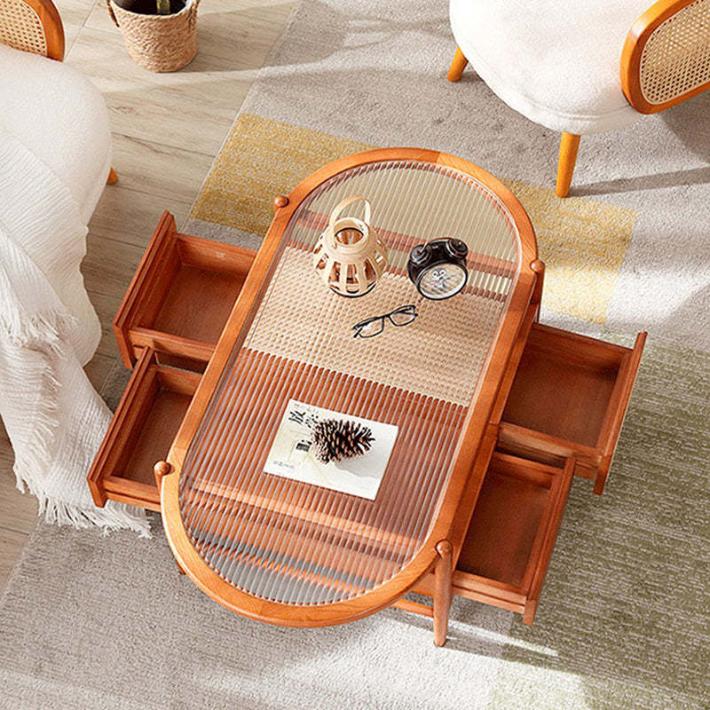 Japanese Glass Wood Rattan Oval 2-Tier 2-Drawer Coffee Table