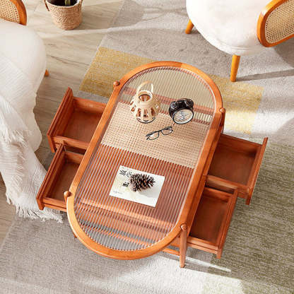 Japanese Glass Wood Rattan Oval 2-Tier 2-Drawer Coffee Table