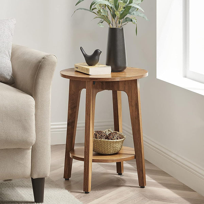 Minimalist Round Solid Wood 2-Tier End Table — Wood Color
