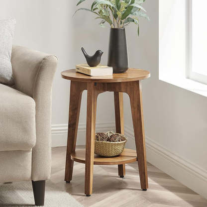 Minimalist Round Solid Wood 2-Tier End Table — Wood Color