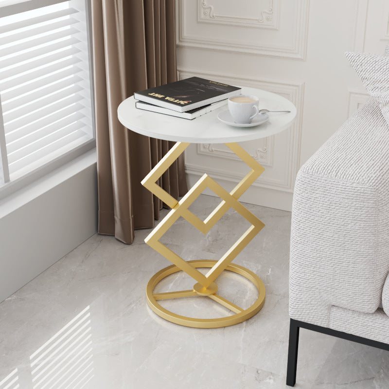 Minimalist Diamond-Base Round Rock Slab Metal Side Table — Black Base + White