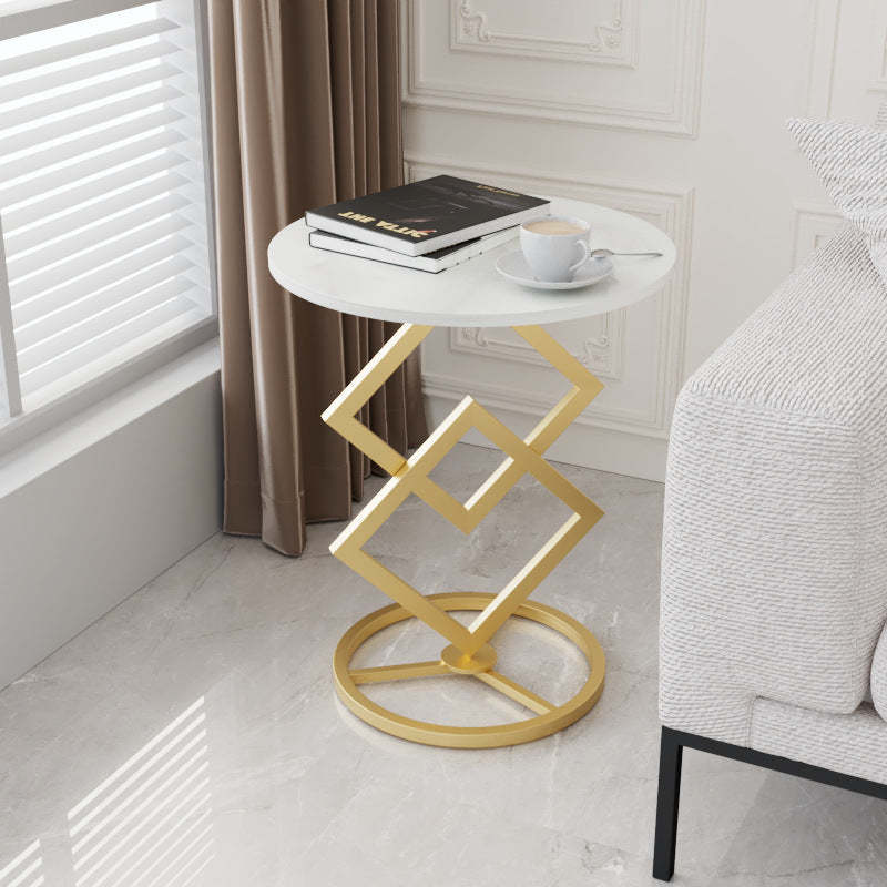 Minimalist Diamond-Base Round Rock Slab Metal Side Table — Black Base + White