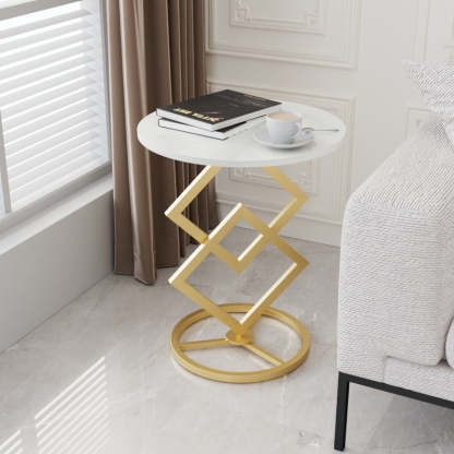 Minimalist Diamond-Base Round Rock Slab Metal Side Table — Black Base + White