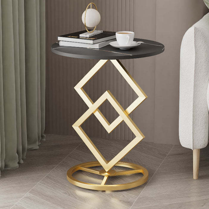 Minimalist Diamond-Base Round Rock Slab Metal Side Table