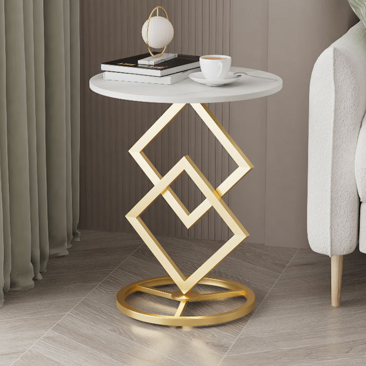 Minimalist Diamond-Base Round Rock Slab Metal Side Table