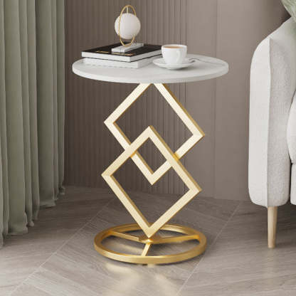 Minimalist Diamond-Base Round Rock Slab Metal Side Table