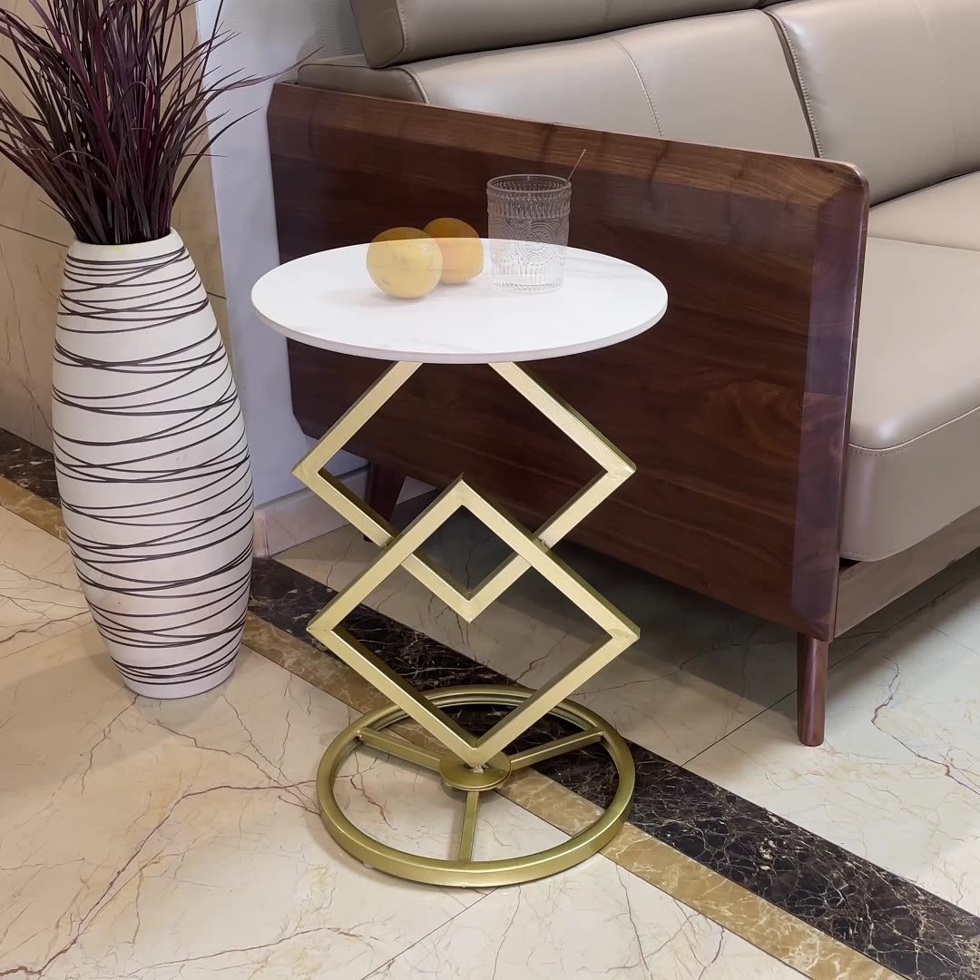 Minimalist Diamond-Base Round Rock Slab Metal Side Table