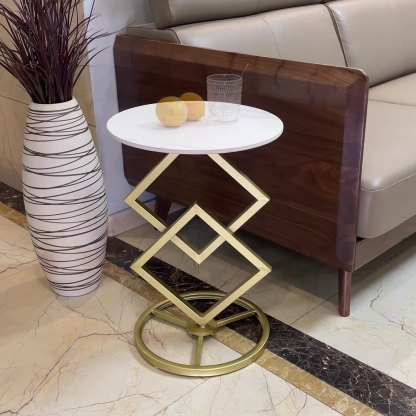 Minimalist Diamond-Base Round Rock Slab Metal Side Table