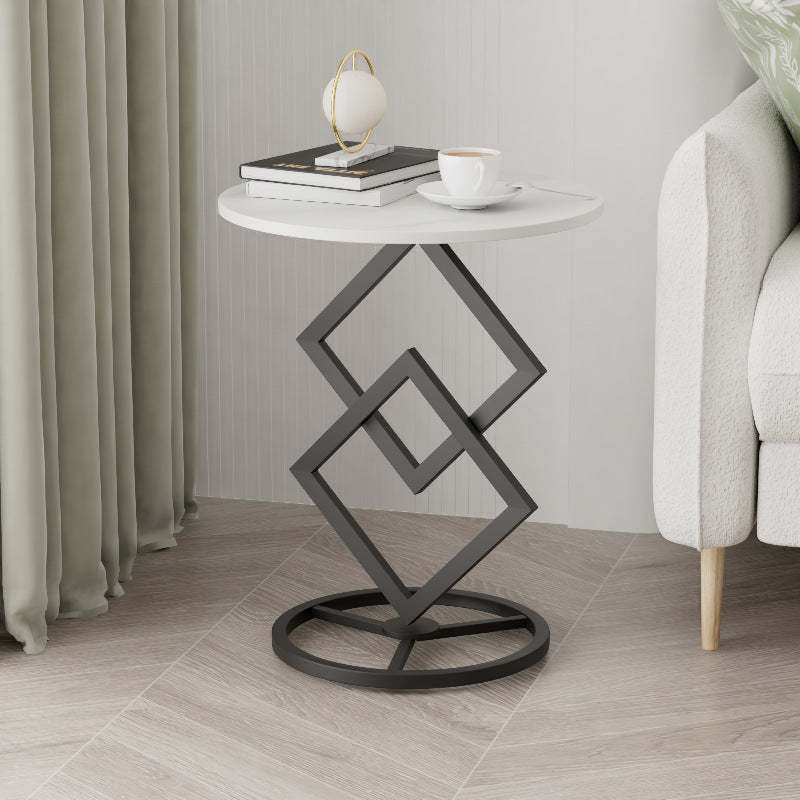 Minimalist Diamond-Base Round Rock Slab Metal Side Table