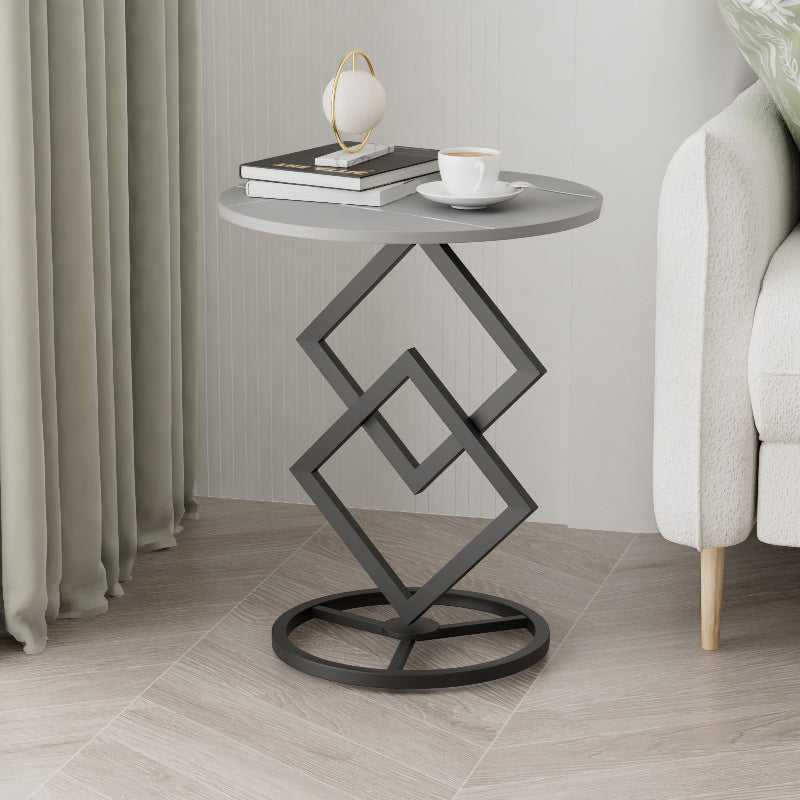 Minimalist Diamond-Base Round Rock Slab Metal Side Table