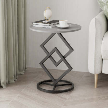 Minimalist Diamond-Base Round Rock Slab Metal Side Table — Black Base + Gray