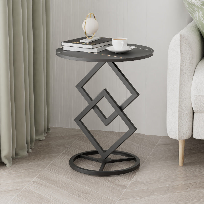 Minimalist Diamond-Base Round Rock Slab Metal Side Table — Black Base + Black