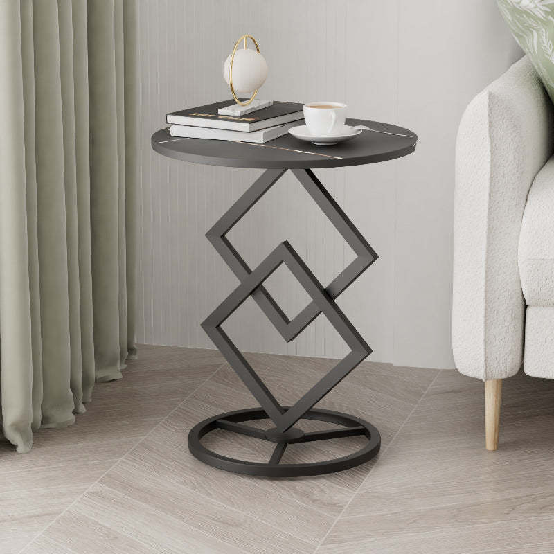 Minimalist Diamond-Base Round Rock Slab Metal Side Table — Black Base + Black