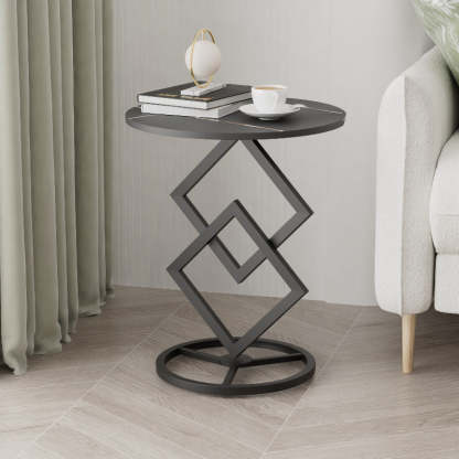 Minimalist Diamond-Base Round Rock Slab Metal Side Table — Black Base + Black