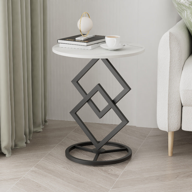 Minimalist Diamond-Base Round Rock Slab Metal Side Table