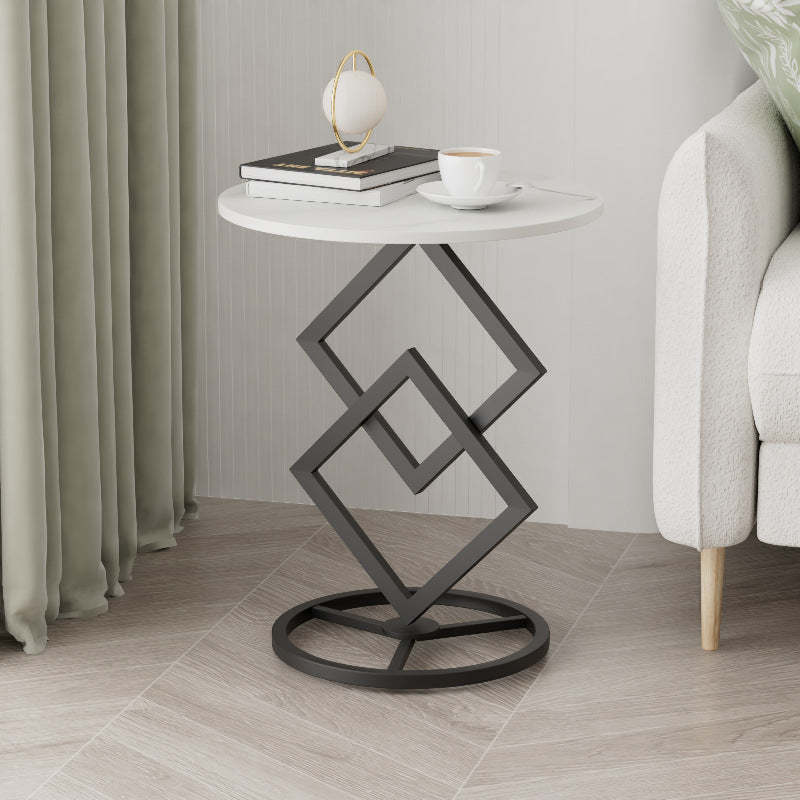 Minimalist Diamond-Base Round Rock Slab Metal Side Table