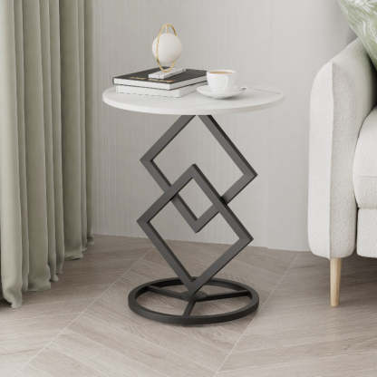 Minimalist Diamond-Base Round Rock Slab Metal Side Table