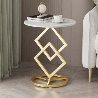 Minimalist Diamond-Base Round Rock Slab Metal Side Table