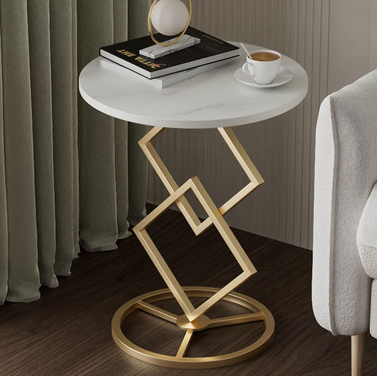 Minimalist Diamond-Base Round Rock Slab Metal Side Table