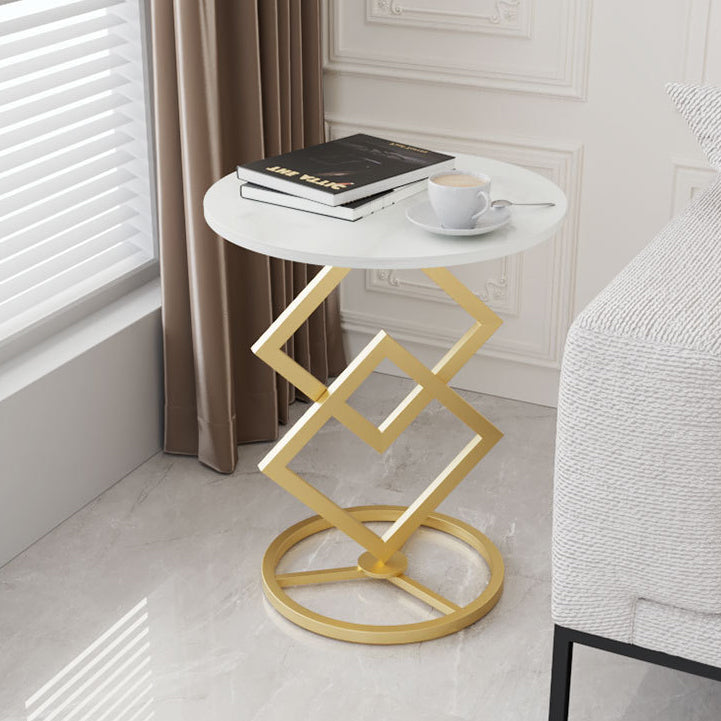 Minimalist Diamond-Base Round Rock Slab Metal Side Table