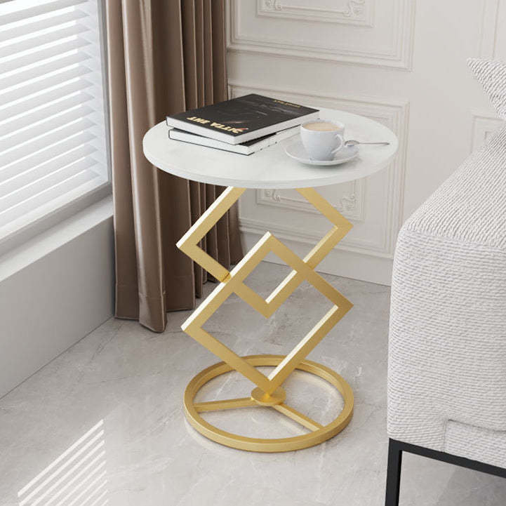Minimalist Diamond-Base Round Rock Slab Metal Side Table