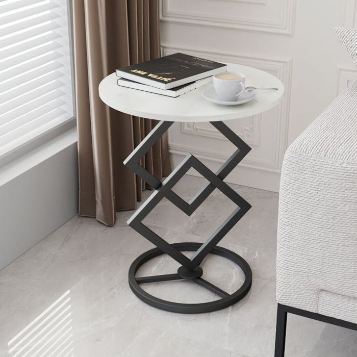 Minimalist Diamond-Base Round Rock Slab Metal Side Table