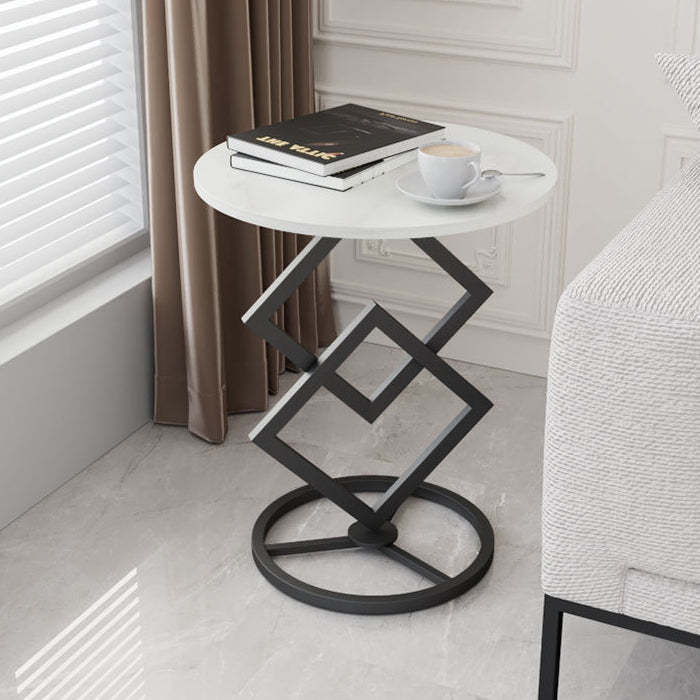 Minimalist Diamond-Base Round Rock Slab Metal Side Table