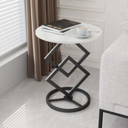 Minimalist Diamond-Base Round Rock Slab Metal Side Table