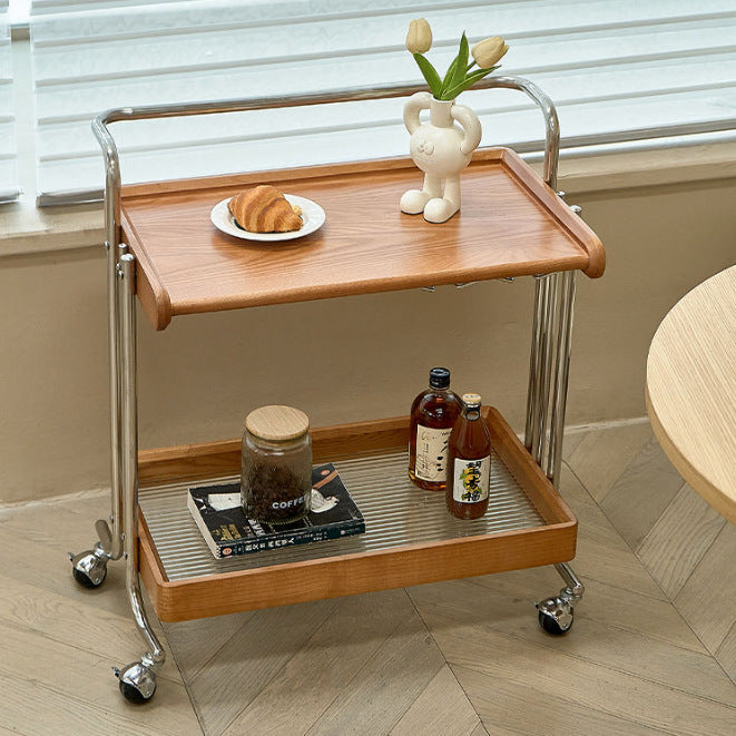 Mid-Century Rubberwood Metal Glass 2-Tier End Table — Cherry Wood Color