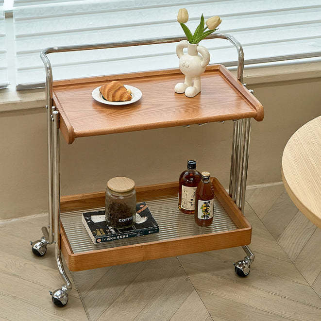 Mid-Century Rubberwood Metal Glass 2-Tier End Table — Cherry Wood Color