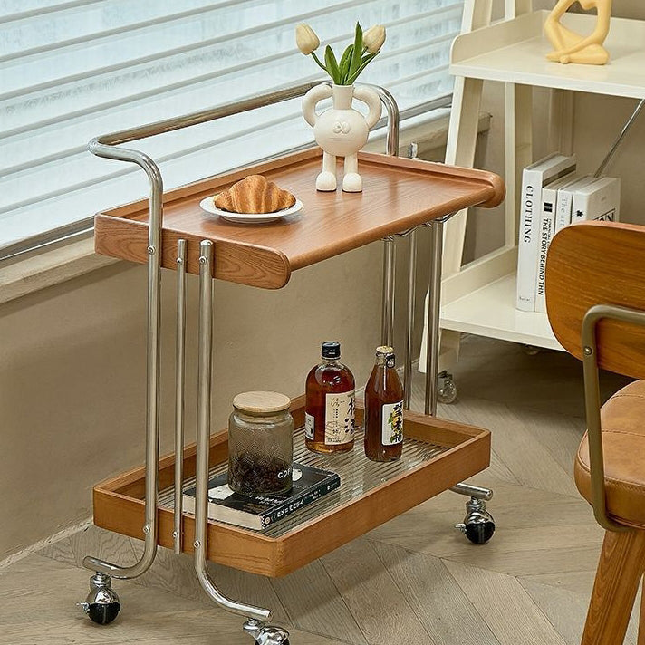 Mid-Century Rubberwood Metal Glass 2-Tier End Table