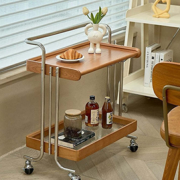 Mid-Century Rubberwood Metal Glass 2-Tier End Table — Black