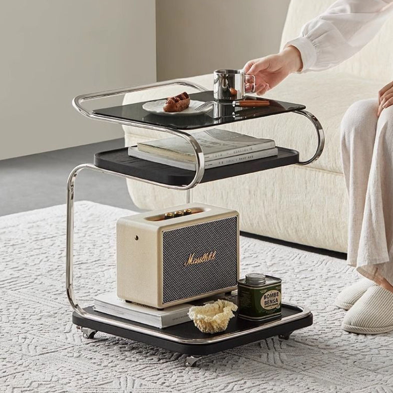 Nordic Titanium Wood Glass 3-Tier End Table — Walnut Color