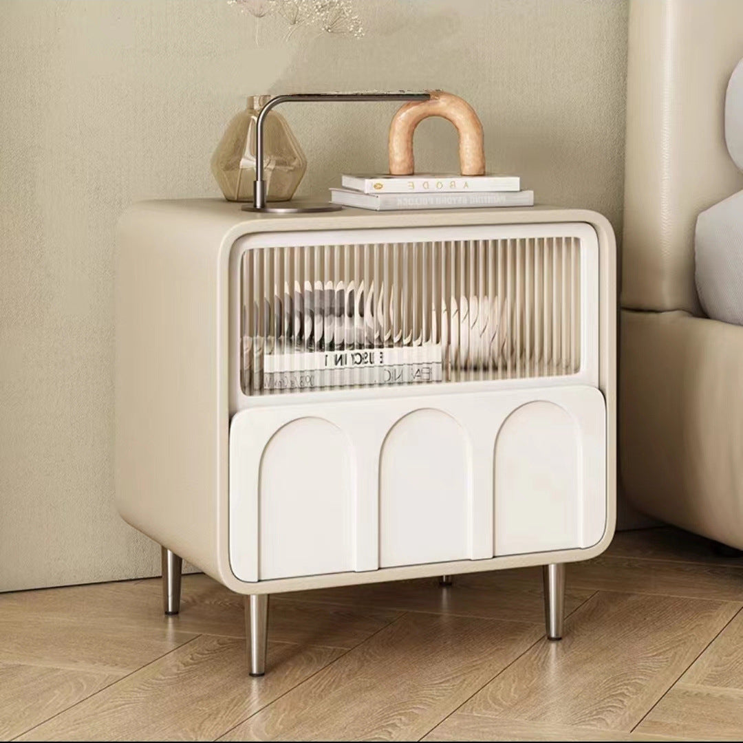 Minimalist Glass Wood Panel 2-Drawer Nightstand