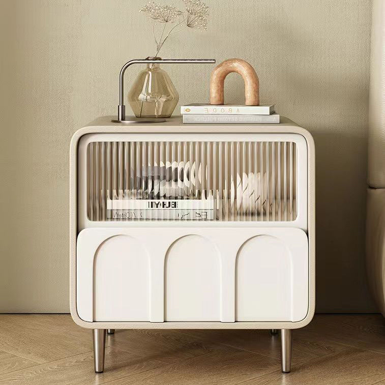 Minimalist Glass Wood Panel 2-Drawer Nightstand