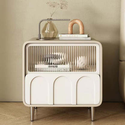 Minimalist Glass Wood Panel 2-Drawer Nightstand