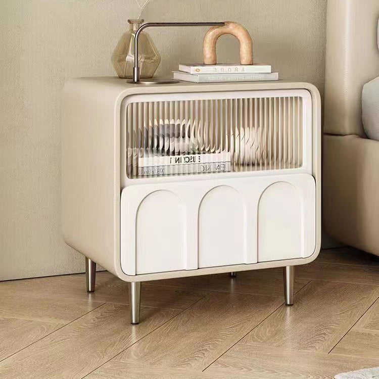Minimalist Glass Wood Panel 2-Drawer Nightstand